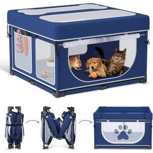 LOOBANI Foldable Dog Playpen with Cover: 1 Min Setup Pet Puppy Playpen Indoor, Sturdy Reinforced Steel/Iron Frame Dog Fence, Portable Whelping Box for Home Dog Cat Rabbit-43.3"x43.3"x27.1"Patented (Blue)