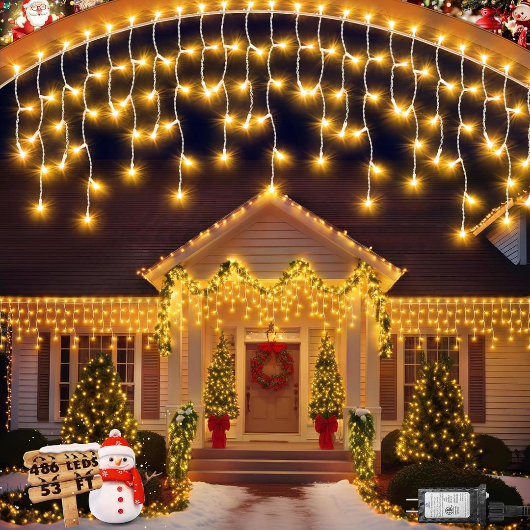 Christmas Lights Outdoor, 53 FT 486 LED Christmas Light for Outside, Timer & Memory, Plug in 8 Modes Hanging Fairy Light with 108 Drops for House Eaves Yard Patio Holidays Decorations, Warm White