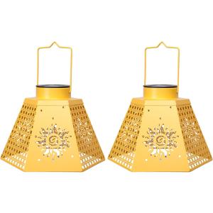 Outdoor Solar Lanterns Waterproof Hanging Solar Metal Lantern 9.5" Sun LED Lantern Yard Art Decor for Yard, Patio, Hallway, Birthday Mothers' Day Gifts (2Pack, Yellow)