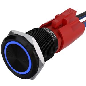 APIELE 10 Amp 19mm Momentary Push Button Switch 12V SPST LED Waterproof Round Self Reset 1NO (Black Aluminum, Blue)
