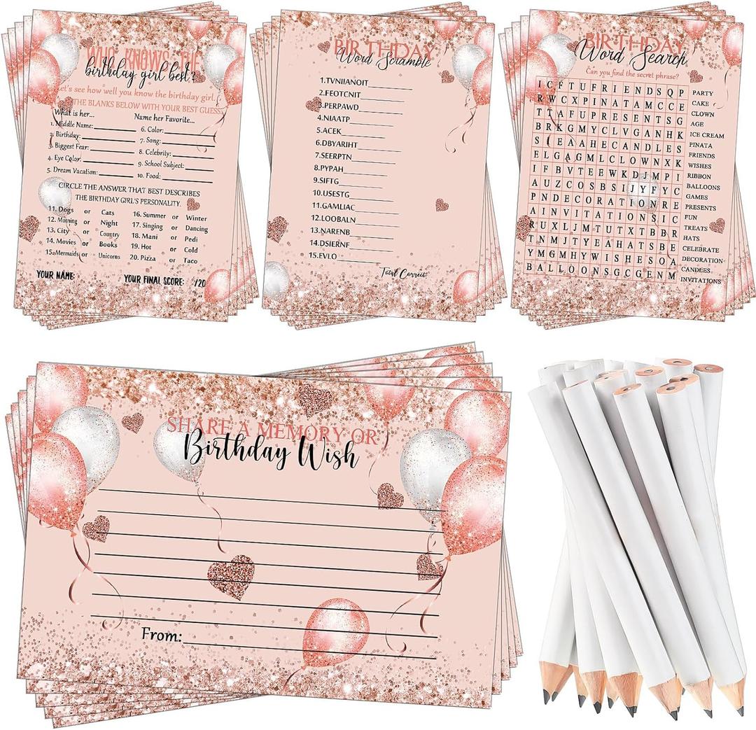 Fumete Birthday Party Games & Activities 100 Pcs Who Knows The Girl Game with 20 Pencils Girly Birthday Cards Set for Teens Sweet Sleepover Party Supplies for Girls,4 Activities(Balloon)