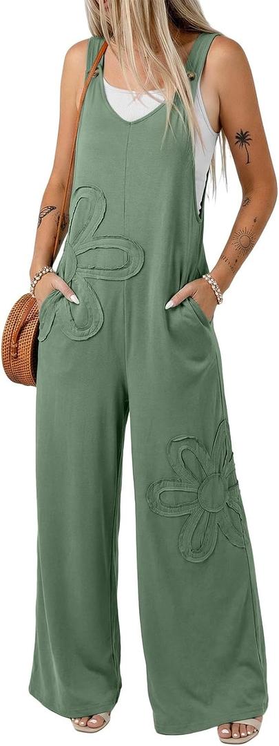 Dokotoo Women's Baggy Overalls 2026 Wide Leg Jumpsuits 3D Floral Pants Casual Loose Sleeveless Rompers with Pockets, Green, Small