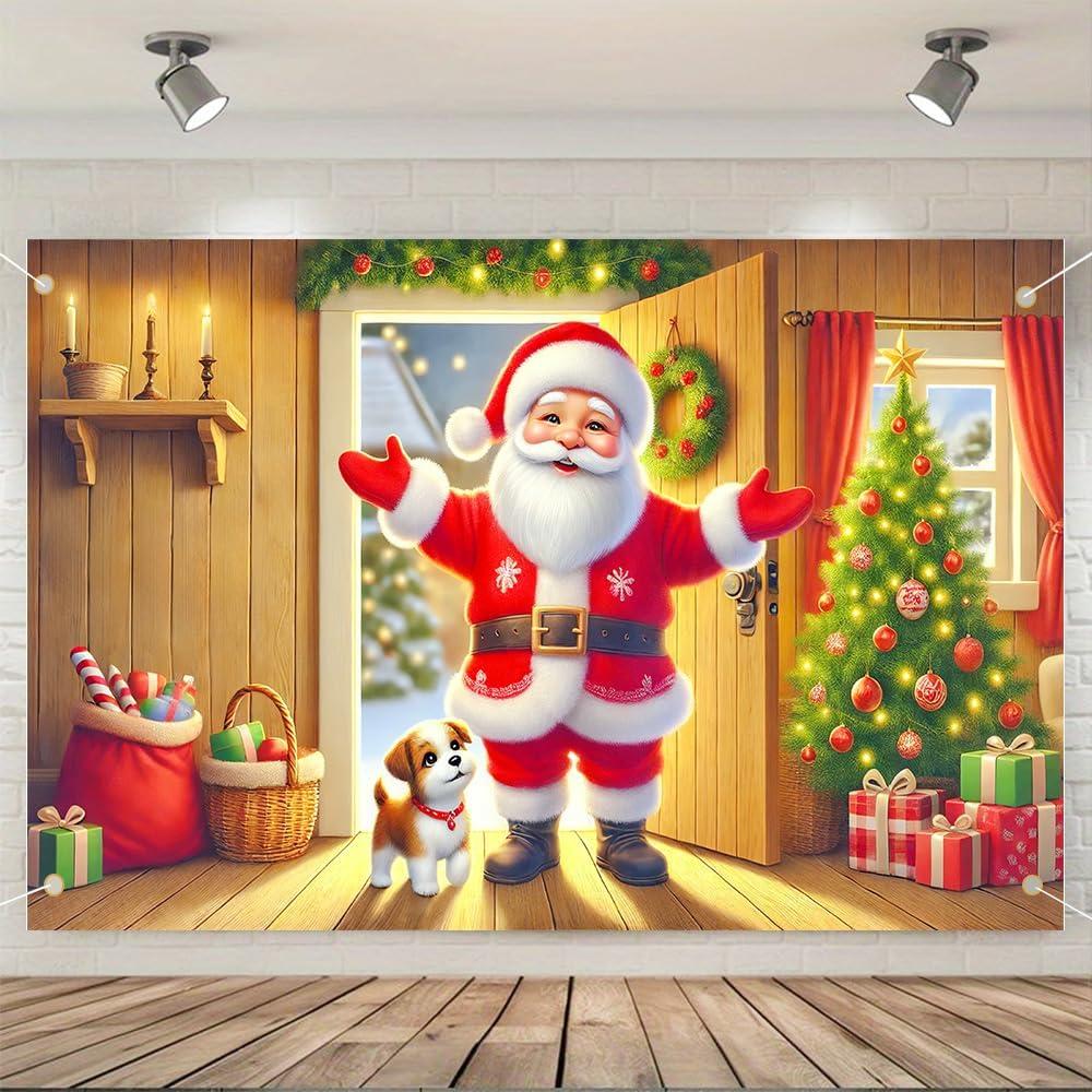 3 x 1PC 71x43 Inch Christmas Party Banner with Santa Claus and Puppy Indoors Tree Gifts and Wreath Decorative Backdrop for Holiday Celebration Home Wall Door Porch Winter Decoration (Colorful 0003)