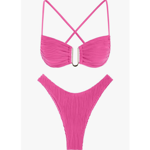 ZAFUL Women's Textured Underwire Bikini Set V Notch High Cut Swimwear Tie Side Ribbed Sexy Swimsuits Size L