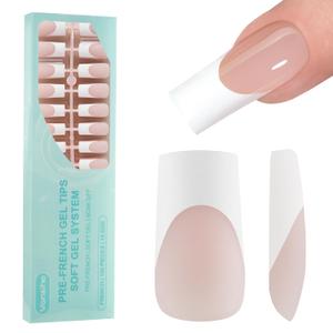 Vansiho French Gel Nail Tips, 150Pcs Long Square Press on Nails, No Need to File 3 in 1 Pre-French Gel Tips for Nail Art DIY 15 Sizes