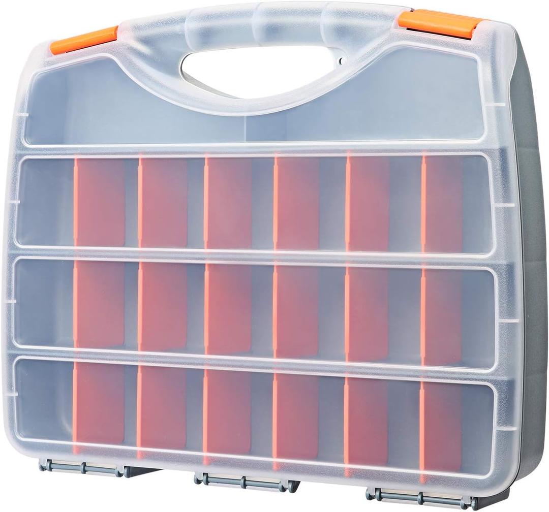 Makitoyo Hardware Storage Box Tools Organizer Container with Handle and Clear Lid, 21 Adjustable Compartments and 2 Fixed Sections,Perfect for Screws,Nuts, Bolts and Small Parts,15"L x 12.9"W x 2.9"H
