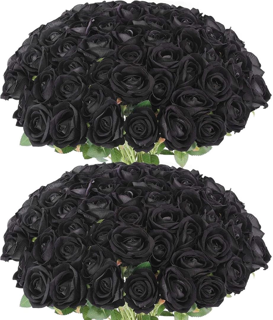 2 x 60 Pcs Artificial Roses Bulk Velvet Silk Black Roses Roses for Wedding Centerpieces Bridal Bouquet Mohter's Day Valentine's Day Halloween Home Decor(60, Black)