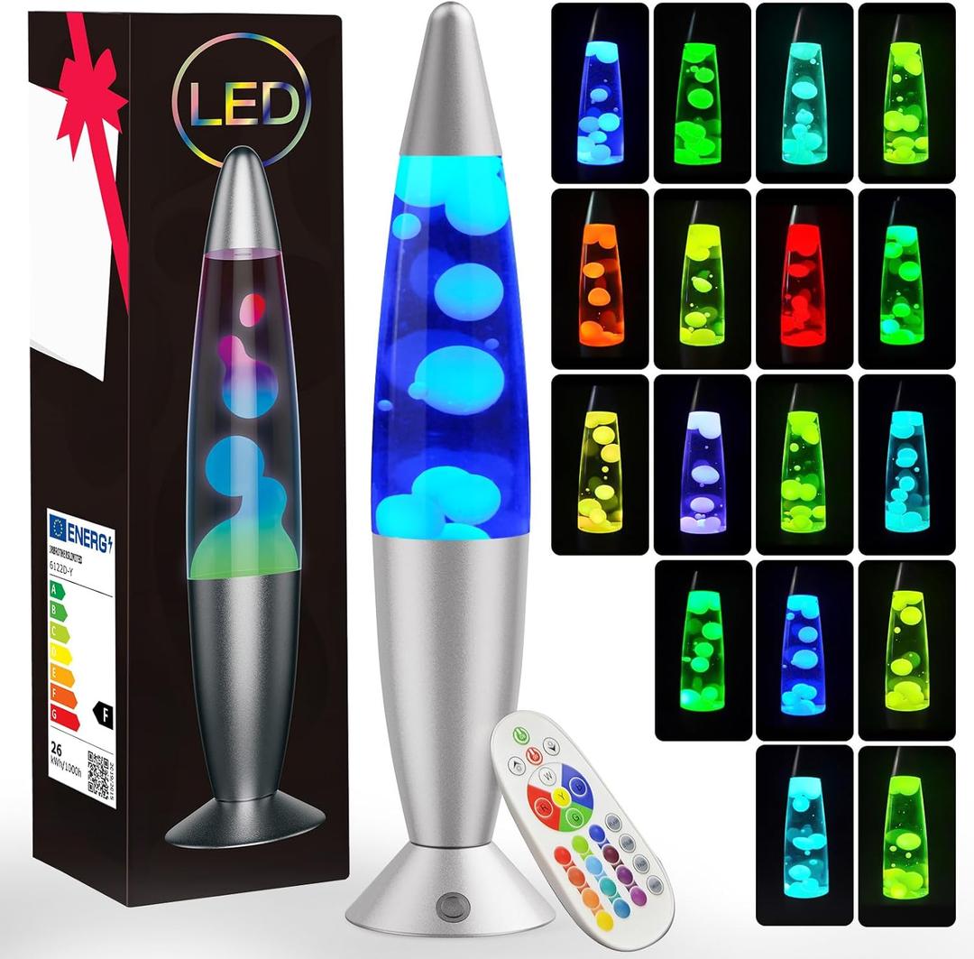 Liquid Motion Lamps 17 Colors Changing Lamp with Remote, 13.5 Inch Small Relax Night Light for Kids Adults, Pink, Blue, Green, Red, Purple Glitter Mood Lighting for Home Decor, Bedroom, Office (Silver)