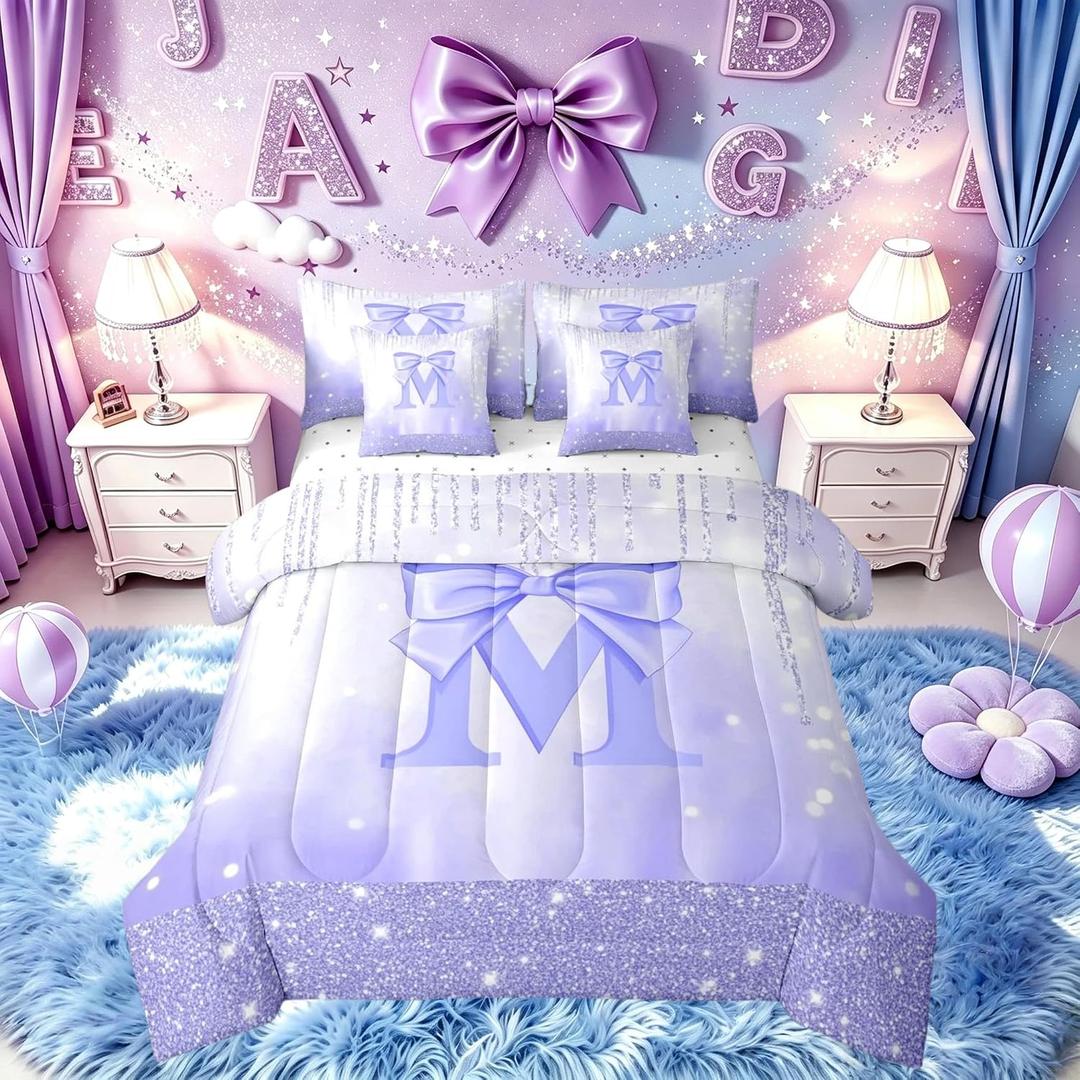 Feelyou Purple Bowknot Comforter Set with Sheets 7 Piece Full Size Initial Letter M Bedding Set for Kids Boys Girls Princess Glitter Bed in a Bag Cute Bow Alphabet Room Decor Soft