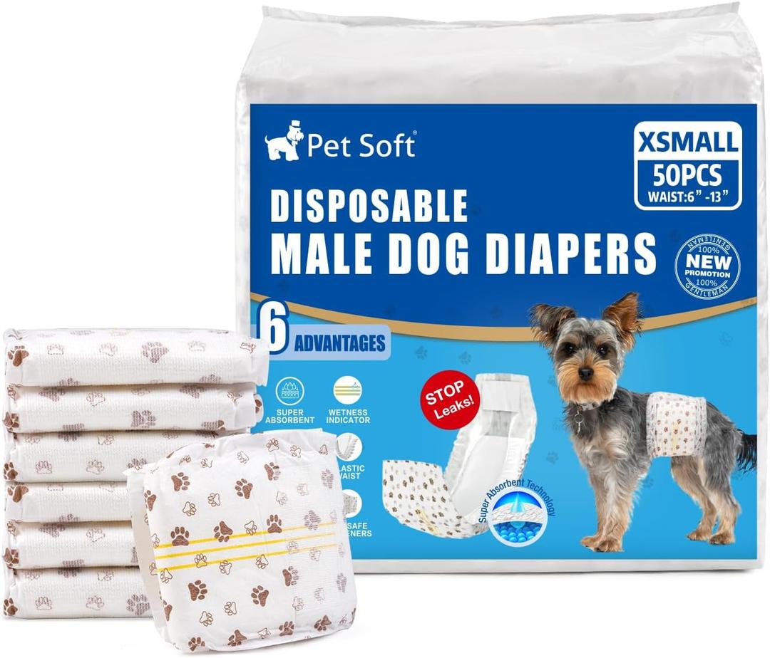 Pet Soft Dog Diapers Male - Disposable Male Dog Wraps Wetness Indicator, Ultra Absorbent Doggie Diapers Comfortable for Incontinence Excitable Urination, 50pcs, XSmall