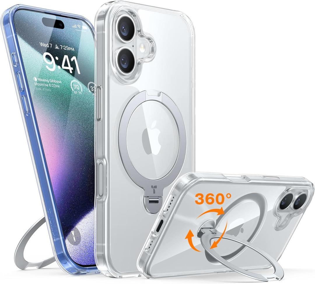 TORRAS 360° Spin Magnetic Stand for iPhone 16 Case 6.1 inch, Compatible with Magsafe, 12FT Military Grade Protection, Shockproof Slim Case for iPhone 16 Phone Case with Kickstand & Ring Holder, Clear
