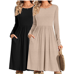 Riyiper Pack of 2 Women Casual Long Sleeve Dresses Loose Fit Swing Pleated Dress with Pockets Knee Length, XL, Black, Apricot