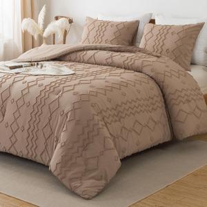 Andency Taupe Tufted Comforter Set Full(79x90Inch), 3 Pieces(1 Boho Comforter, 2 Pillowcases) Textured Farmhouse Bed, Soft Down Alternative Geometric Bedding Set