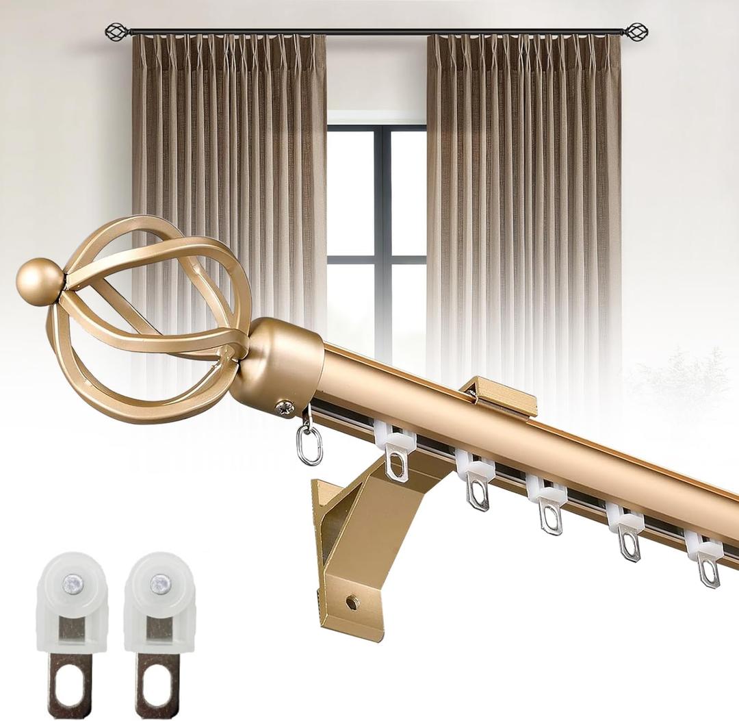 Curtain Track Wall Mounted, Curtain Rail Track System Roman Rod for Curtain, Aluminum Heavy-Duty Silent Curtains Rails Sliding Curtain Tracks for Room Divider Living Room Bedroom (Gold, 6FT)
