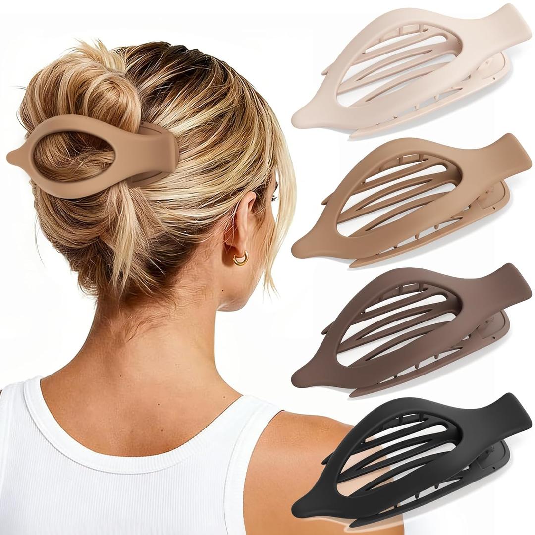 4 PCS Large Flat Hair Clips for Women Girls, French Concord Lay Down Flat Claw Clips for Thick Thin Hair, Comfortable Curved Hair Clip, Matte Non-slip Strong Hold Hair Accessories, Neutral