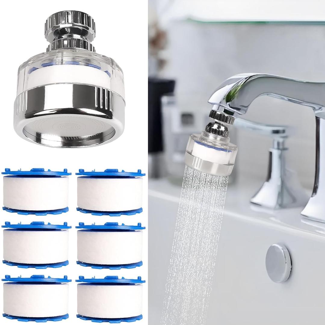 7Pcs Sink Water Filter with Filter Elements Set, Universal Sink Faucet Filter 360Rotating, Sink Faucet Filter Removes Fluoride Hard Water, Tap Water Filter for Home Kitchen Sink
