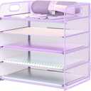 Letter Tray Paper Organizer 5-Tier Desk Organizer File Organizer Paper Holder with Handle, Metal Desktop Document Shelf Tray Office Classroom Organization - Purple