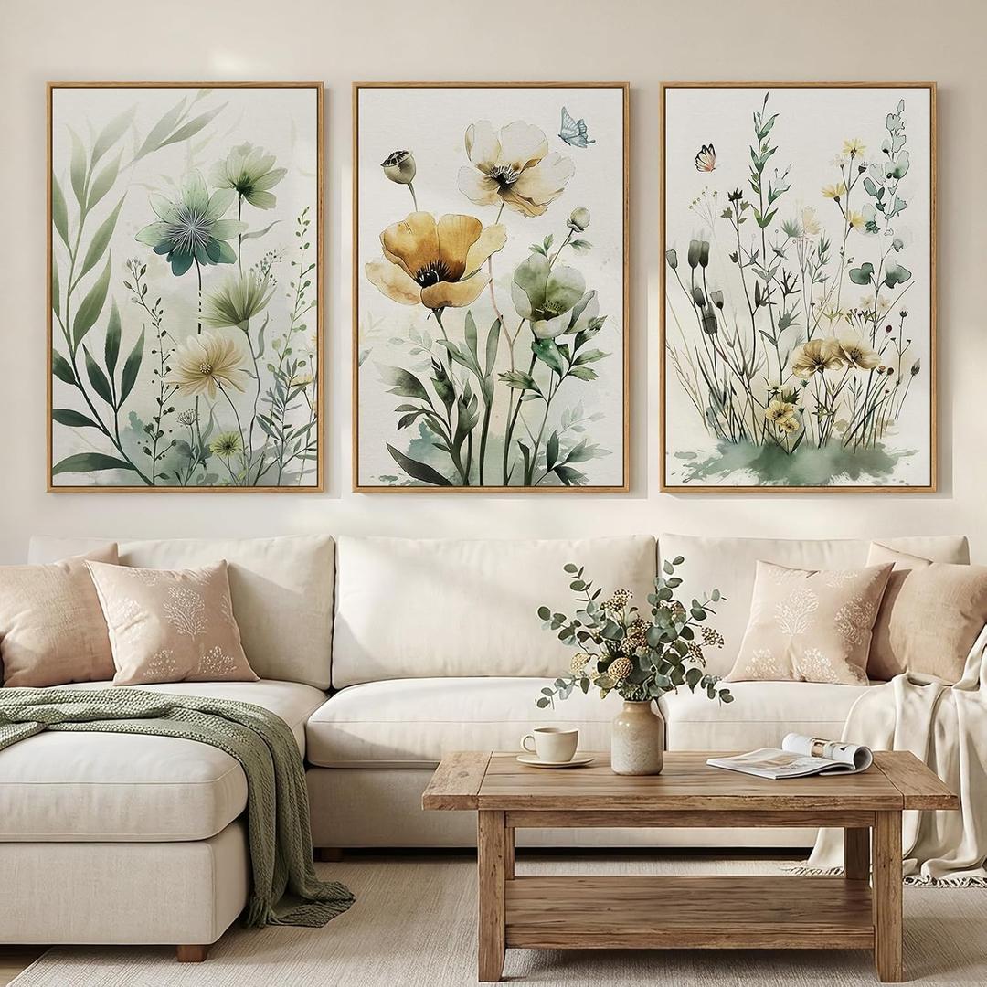 Large Framed Floral Botanical Wall Art for Living Room, 3 Piece 24x36 In, 24" W x 36" H x 3Pcs