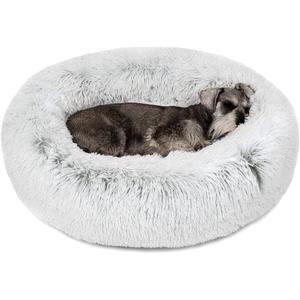 Friends Forever Donut Dog Bed Faux Fur Fluffy Calming Sofa For Medium Dogs, Soft & Plush Anti Anxiety Pet Couch For Dogs, Machine Washable Coco Pet Bed with Non-Slip Bottom, 30"x30"x7" Ivory