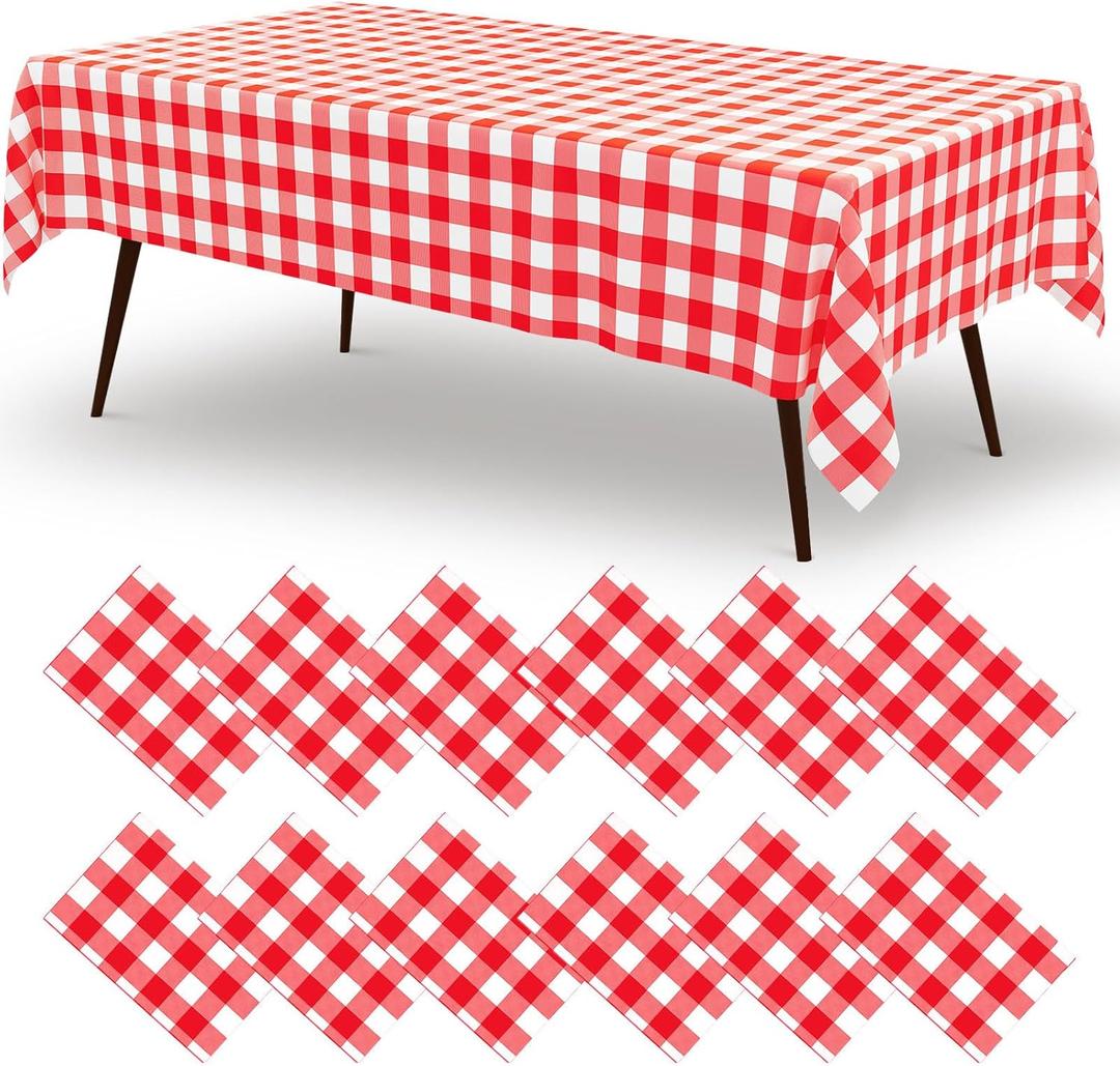 misaya 12 Packs Buffalo Disposable Table Cloth, 54 x 108 Inch Waterproof Plastic Tablecloth, Rectangle Red and White Checkered Table Covers for Picnic, Birthday, Party