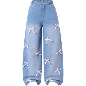 WDIRARA Girl's Cute Bow High Elastic Waisted Denim Pants Basic Baggy Wide Leg Jeans