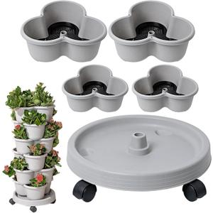 Stackable Strawberry Tower Pot, 4 Tiers Vertical Tower Stackable Pot with Tray and Flexible Wheel for Strawberry, Flower, Vegetable, Three-Petal Flowerpot for Herb Flower Bedding Indoor Ourdoor Garden (10 Basins + 2 Stent)