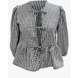 Tie Front Tops Women Summer Striped/Plaid Babydoll Top 3/4 Puffed Sleeve Cute Tops Ruffled Going Out Shirt Teen Girls Size L