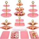 Pack of 10 NWK Cake Stand Set, with 3 x Two-Tier and 3 x Three-Tier Cupcake Stands, 4 x Appetizer Trays, 1 x Tablecloth for Birthday Bridal Baby Shower Party (Pink)