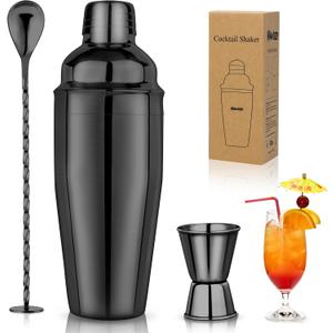 24oz Cocktail Shaker Set Martini Shaker Set Bartender Set with Margarita Mixer Drink Shaker, Measuring Jigger and Mixing Spoon - Professional 18/8 Stainless Steel Bar Tools for Mixed Drinks (Black)