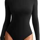 REORIA Womens Long Sleeve Bodysuits Fall Basic Round Neck Lightweight Double Lined Layering Slim Body Suit Tops, XL, Black