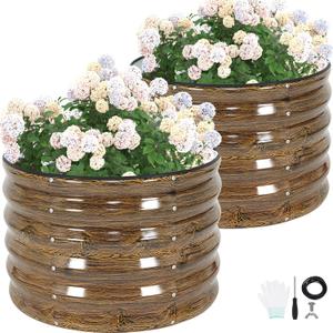 G GOOD GAIN Round Raised Garden Bed - 2Pcs 2x2x1ft Galvanized Steel Planter Boxes Outdoor with Rubber Edge Trim | Metal Raised Beds for Gardening Vegetables Flowers Fruits Herbs (Wood Grain)