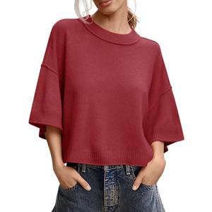 Saodimallsu Womens Short Sleeve Sweater Summer Oversized Cropped Sweaters Casual Crewneck Lightweight Knit Tops (Large, Red)