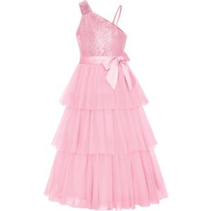 GRACE KARIN Girls Sequin Tulle Dress One Shoulder Formal Party Holiday Maxi Dress for Girl 6-14Y (6-7 Years, Pink)