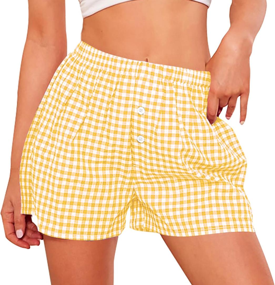 PRETTYGARDEN Womens Shorts Boxers 2025 Summer Gingham Pajama Lounge Sleep Y2K Plaid Pj Shorts Beach Bottoms (Yellow, XL)