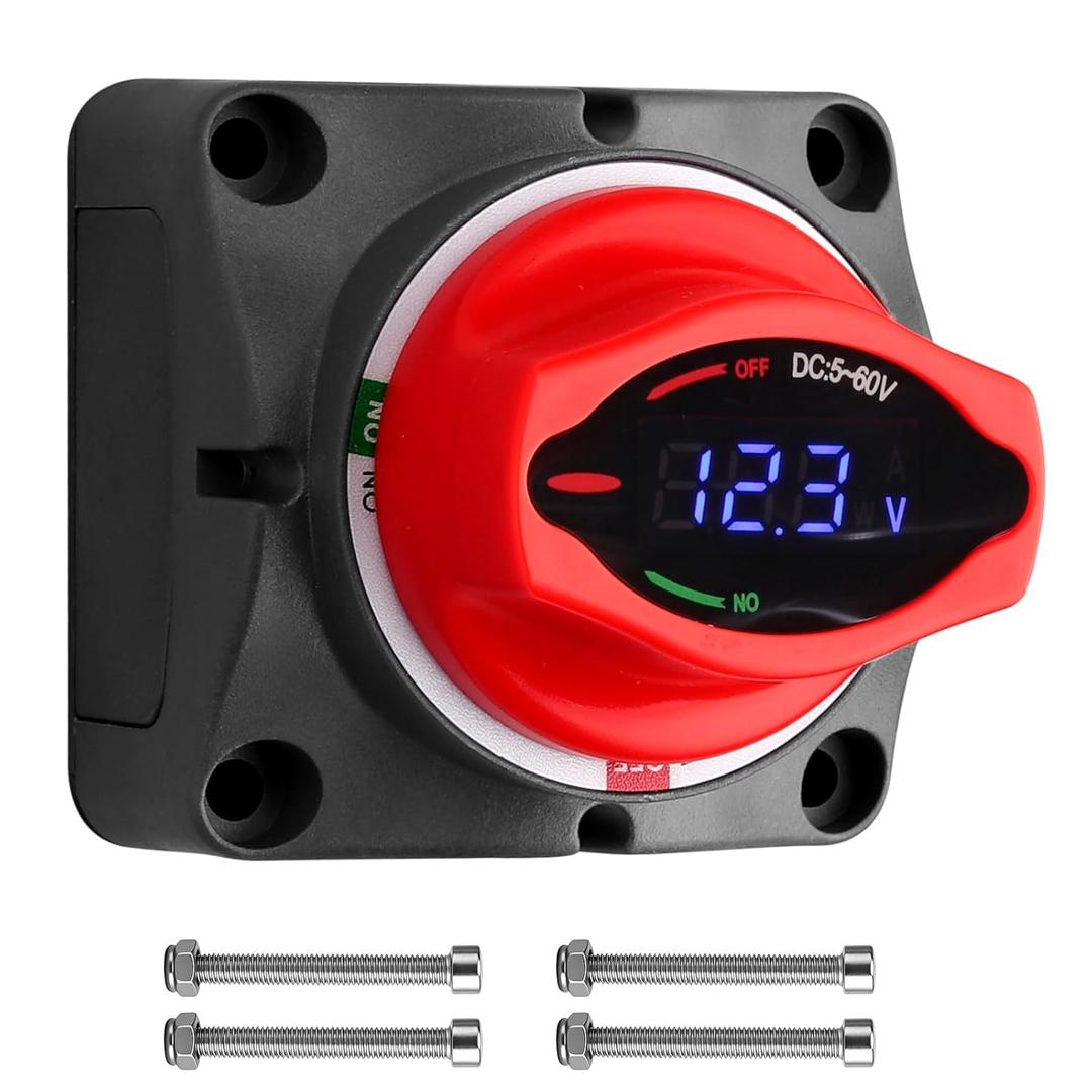 Battery Disconnect Switch with Digital Voltage Display,250A 5-60V DC Master Battery Isolator Cut Off Switches LED Readout,for RV Boat Marine Truck Camper Caravan Vehicle Battery Bank