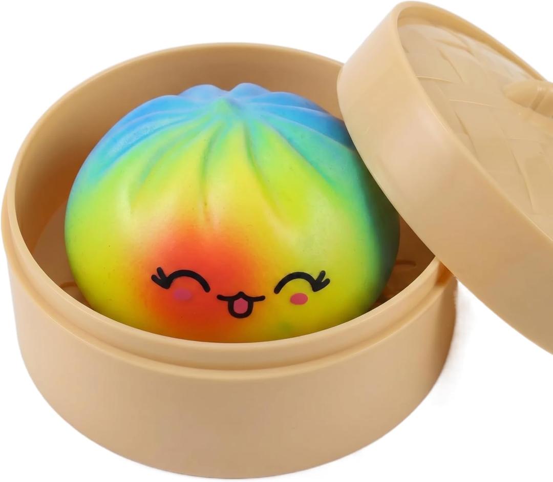 Rainbow Dumpling Squishy Toy Dumpling Stress Ball with Steamer Case, Colorful Squeeze Stress Relief Fidget Toy for Adults, Cute Desk Toy Portable Gift Idea