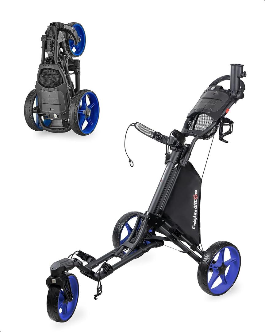 Caddytek CaddyLite ONE-Swivel V8 Golf Push Cart - Lightweight 3 Wheel Foldable Cart with One-Click Folding, 360 Swivel Front Wheel, Adjustable Handle, Cooler Basket, Umbrella & Drink Holder, Blue