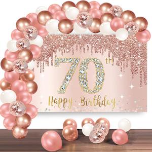 Happy 70th Birthday Banner Backdrop Decorations with Confetti Balloon Garland Arch, Rose Gold 70 Birthday Banner Balloon Set for Women, Pink 70 Year Old Bday Poster Photo Booth Decor