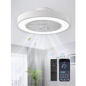LEDIARY 20 Inch Low Profile Ceiling Fan With Light, Led Bladeless Ceiling Fans, Remote Control Enclosed Flush Mount Ceiling Fan With Timming, 3000-6000K, 6 Wind Speed, 3000LM, 57W-White