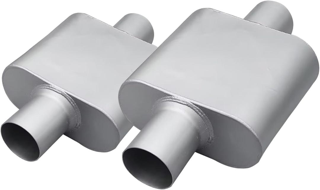 Universal 2.5" (ID) Inlet 2.5" (ID) Outlet Single Chamber Muffler - 13" Total Length (7x9x4 in Body), Aluminum Coated Exhaust with Internal Baffle to Produce Aggressive Deep Sound (2 Pack)