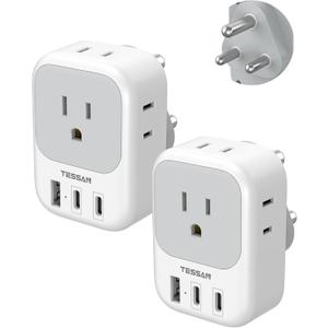 South Africa Plug Adapter 2 Pack, TESSAN Type M Adapter for South Africa with 4 Outlets 3 USB (2 USB-C), Type M Adaptor for US to Namibia Botswana India Nepal Mozambique Sri Lanka