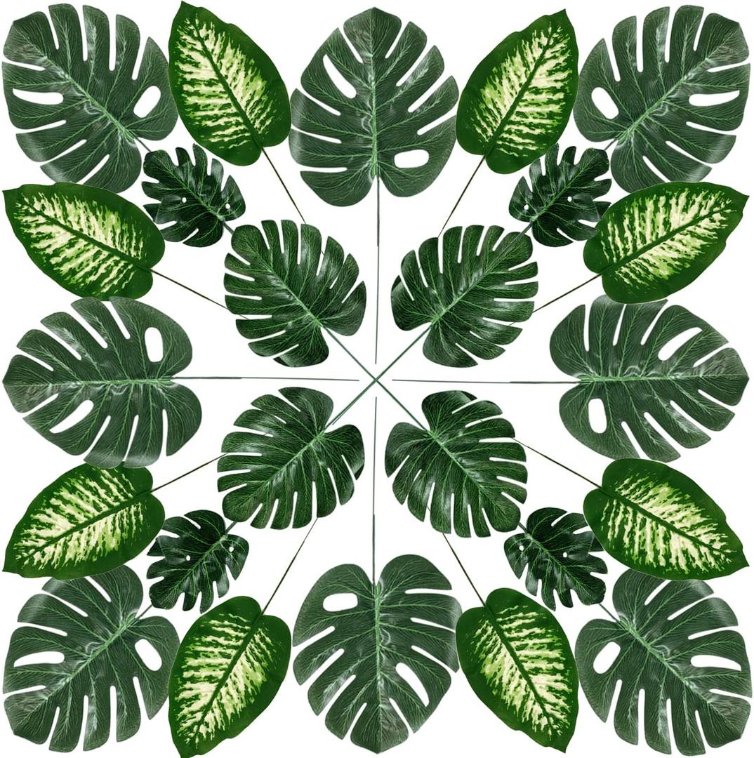80 Pieces 4 Kinds Artificial Palm Leaves with Stems Faux Monstera Leaves Tropical Plant Simulation Safari Leaves for Tropical Leaves Decorations Beach Birthday Jungle Hawaiian Luau Party