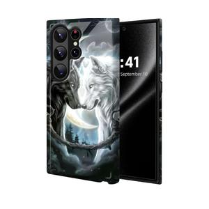 ETLKJVBL for Samsung Galaxy S25 Ultra Case, Black White Wolf High-Definition Painted Glass Back Cover with Soft Silicone TPU Bumper, Shockproof Protective for S25 Ultra Phone Case