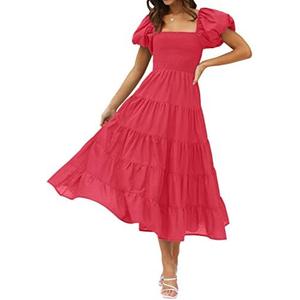 ZESICA Women's 2026 Summer Square Neck Short Puff Sleeve Solid Color High Waist Casual Smocked Flowy A Line Tiered Midi Dress, S