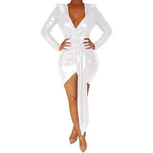 BestGirl Club Dresses for Women Sexy Deep V Neck Long Sleeve Ruched Sparkly Bodycon Mini Dress Silver (Large, Silver)