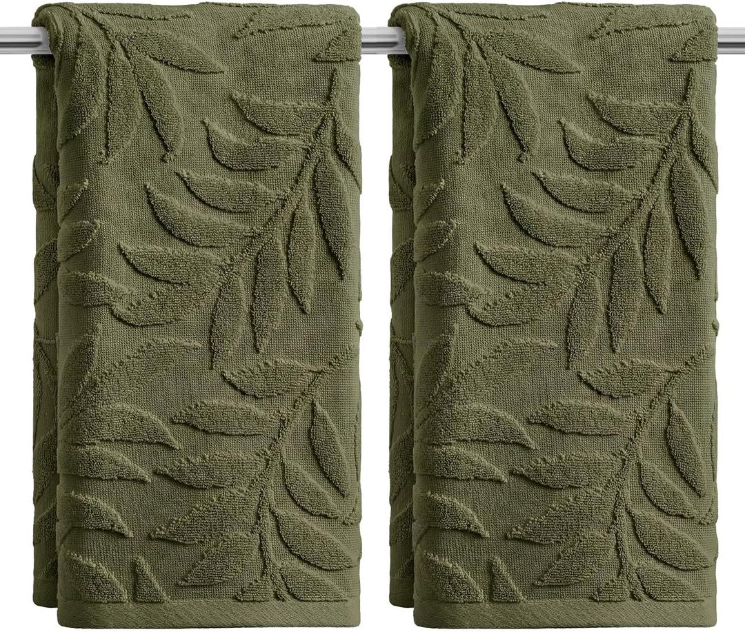 Artoid Mode 2 Pcs Olive Green 3D Leaves Jacquard Hand Towels for Bathroom, 100% Cotton Soft Absorbent Bathroom Decor Towels, 13.7 x 29.5 Inch