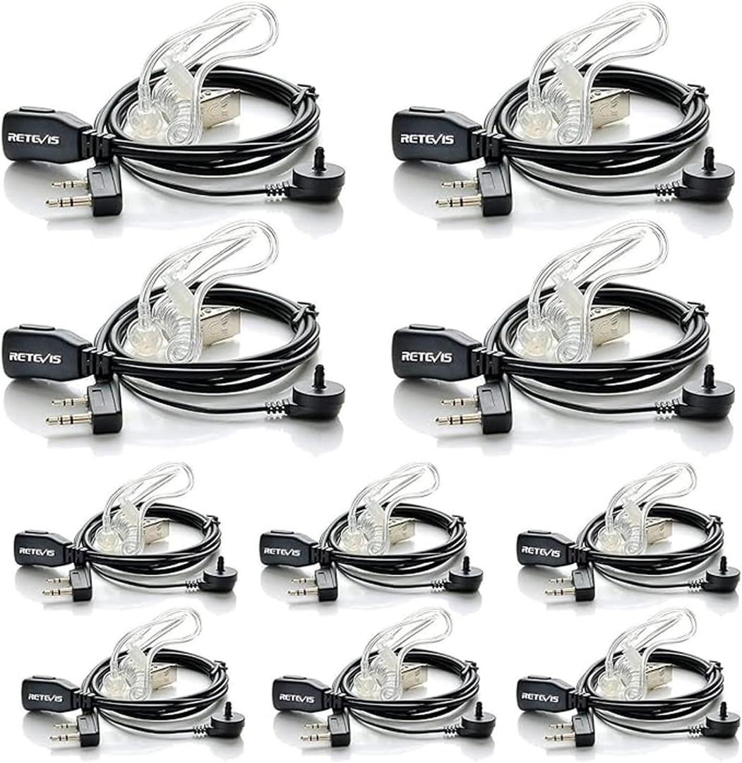 Case of 10, Retevis Walkie Talkies Earpiece with Mic 2 Pin Acoustic Tube Headset, for RT22 RT21 RT68 H777, Compatible with Pxton Baofeng BF-888S BF-T26 Kenwood walkie talkie, Two Way Radio Earpiece