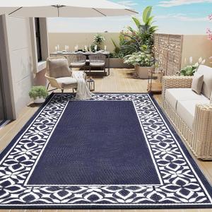 Outdoor Plastic Straw Rug Navy Blue Large Outside Waterproof Outdoor Patio 8x10 Carpet Geometric Reversible Mat Modern for Camping RV Porch Deck Balcony Beach 