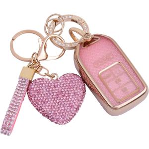 Compatiable with Honda Key fob Cover with Diamond Bling Keychain, Car Accessories Key Holder Shell Full Protection for 2016-2022 Accord Civic CRV Pilot Odyssey,Gold Pink