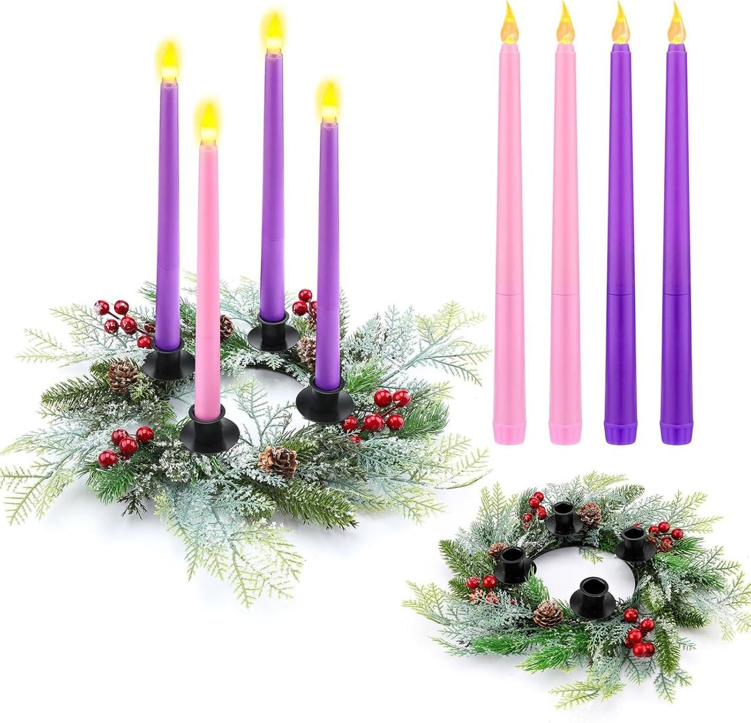 Unittype 5 Pieces Christmas Advent Wreath with Candles Holder Wreath Decor Christmas Advent Candles for Home Fireplace Church Xmas Centerpiece Table Decor(Classic)